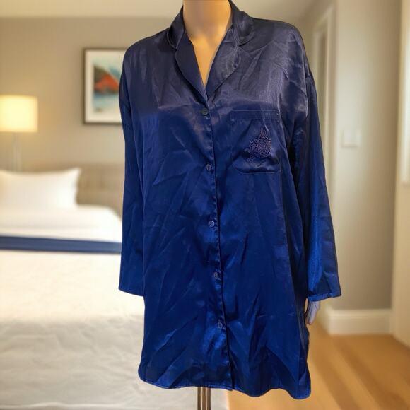Vintage Victorias Secret Robe Women S Oversized Satin Blue Button Up Lightweight - Picture 1 of 10
